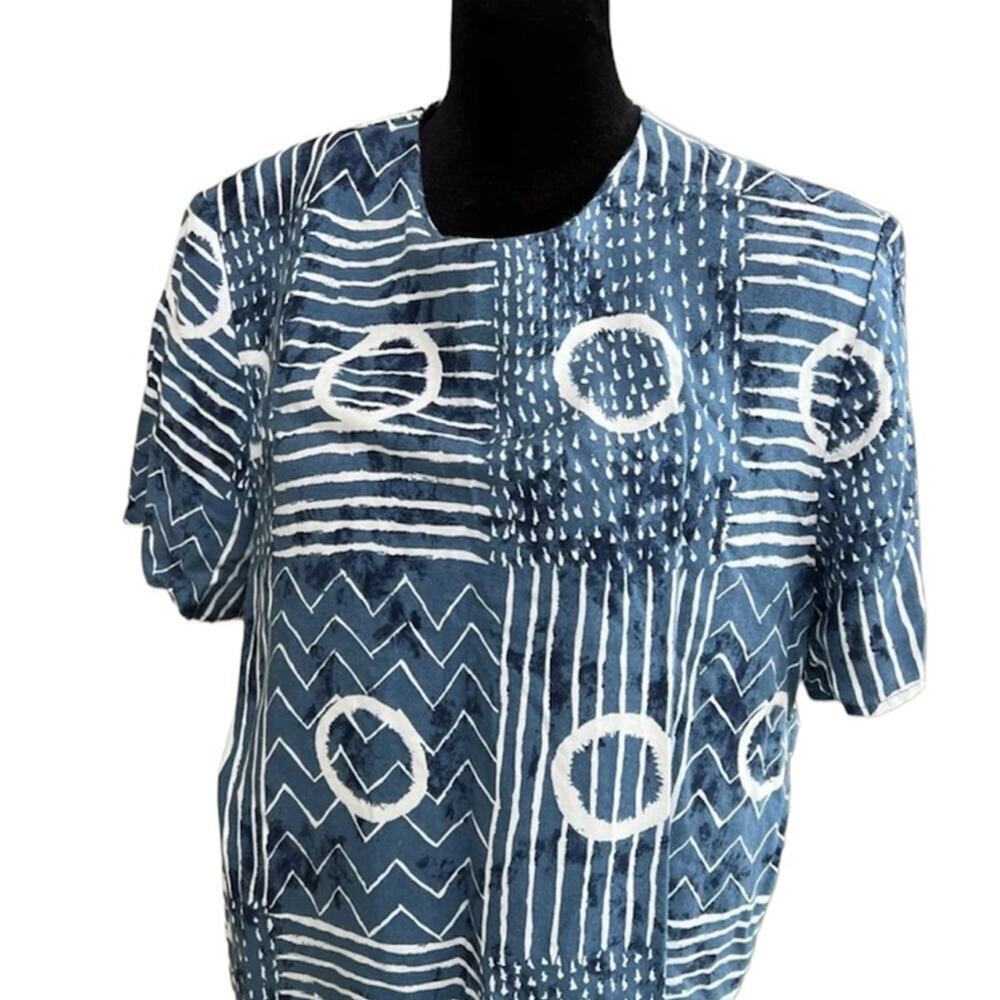Christopher and Banks rayon blue geometric, short sleeve blouse, women's size L